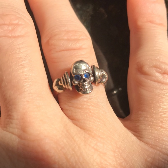 Sterling silver skull & dumbbell sapphire ring